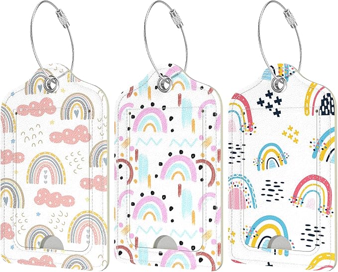 Rimilak 3 Pcs PU Leather Luggage Tags for Suitcase, Travel Cruise Luggage Tag with Privacy Flap, Name ID Label and Metal Loop for Women Men Baggage Handbag School Bag Backpack, Rainbow
