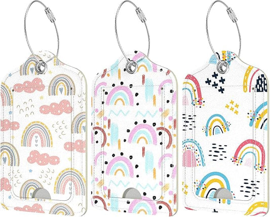 Rimilak 3 Pcs PU Leather Luggage Tags for Suitcase, Travel Cruise Luggage Tag with Privacy Flap, Name ID Label and Metal Loop for Women Men Baggage Handbag School Bag Backpack, Rainbow
