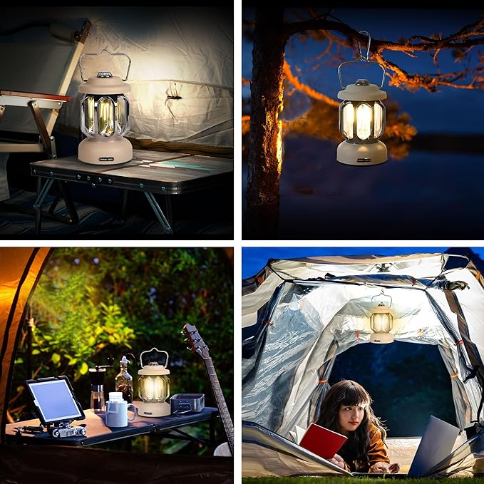 Rechargeable LED Camping Lanterns, Vintage Camping Lights Battery Operated, Portable Retro Metal Glamping Lights for Hiking, Hurricane, Decoration, Power outages, White, 1 Pack