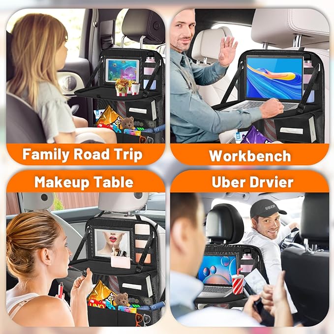 Backseat Car Organizer with Table Tray,12 Pockets Storage Organizer with Tablet Holder,Car Seat Organizer with Car Tissue Holder,Kick Mats Protector For Kids,Travel Accessories(2-Pack)