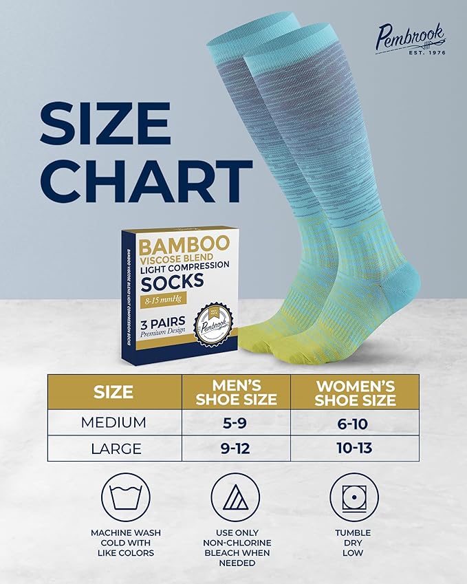 Pembrook Bamboo Viscose Light Compression Socks - 3 Pairs | 8-15 mmhg Compression Socks | Knee High Comfort Support Socks