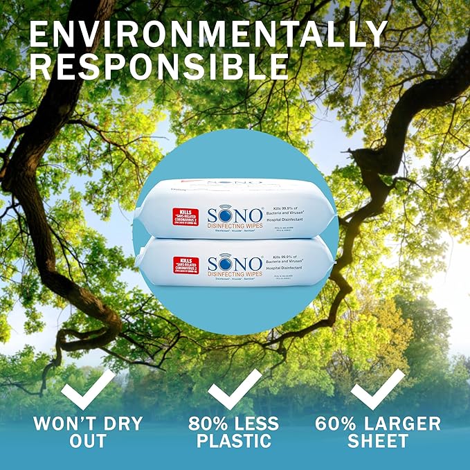 SONO Disinfecting Wipes - 160 Count (Pack of 2) + Sanitizer, Medical-Grade, Alcohol-Free, No Bleach, Gentle & Effective Multi-Surface Cleaning Solution, Larger Sheets