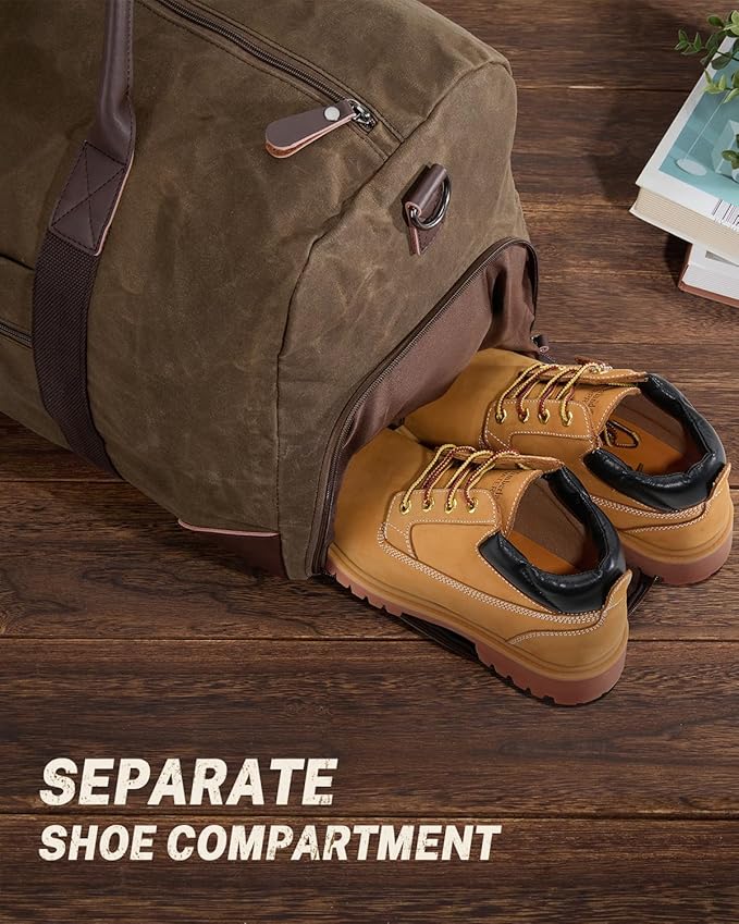 Gonex Waxed Canvas Duffle Bag for Travel, Water-resistant Vintage 55L Duffel Weekender with Shoes Compartment & Luggage Tag, Heavy-duty Overnight Bag with Suitcase Handle Sleeve for Men, Dark Brown