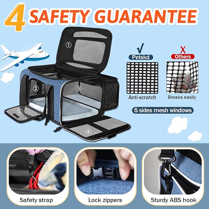 Petskd Top and Side Expandable Pet Carrier 17x12x8.5 Inches JetBlue Frontier Spirit Airline Approved, Soft-Sided Carrier for Small Cats and Dogs with Locking Safety Zippers and Anti-Scratch Mesh(Blue)