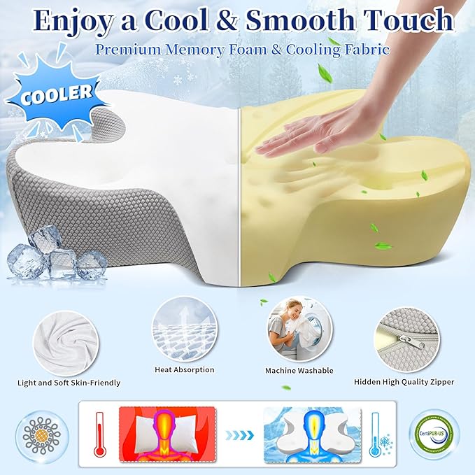 Cervical Pillow for Neck Pain Relief, Ergonomic Contour Side Sleeper Pillows for Adults, Cooling Memory Foam Pillows for Side Back & Stomach Sleepers as Ideal Gifts