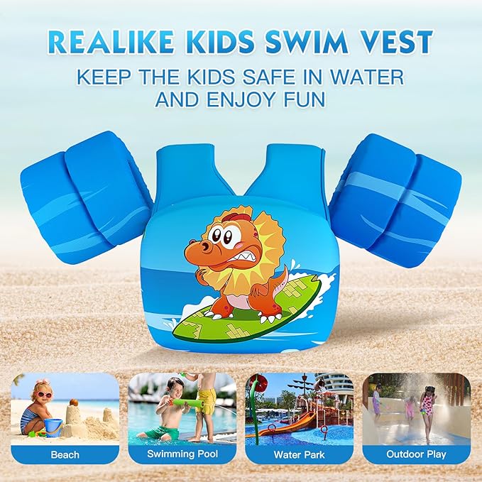 REALIKE Kids Swim Vest for Toddler Floaties Swimming Aids with Shoulder Harness Arm Wings for Children/Infant/Baby,Sea Beach/Pool/Lake, Suitable for 28-70lbs Boys/Girls