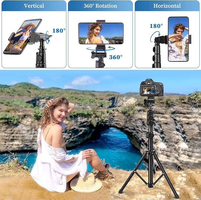Phone Tripod, 70" Selfie Stick Tripod Stand Cell Phone Tripods with Remote Phone Holder Carry Bag, Aluminum Alloy Selfie Stick Tripods, Compatible with iPhone Samsung GoPro Smartphone