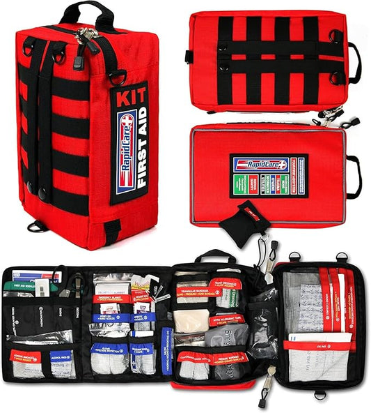 Rapid Care First Aid Kit – 300+ Piece Emergency Medical Kit with Bonus 95-Piece Travel Pack – Outdoor, Workplace, and Home Use – Color Coded & Labeled for Quick Access