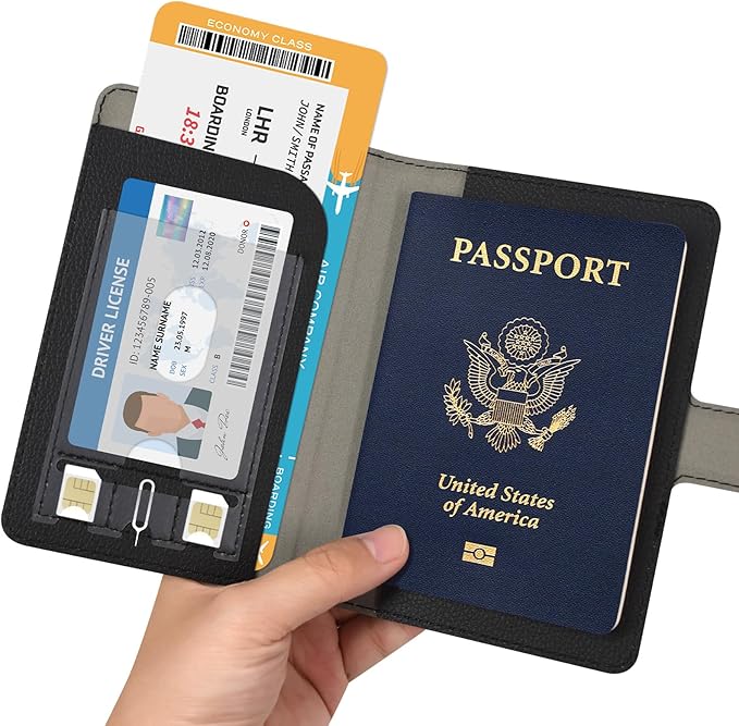 RSAquar Passport Holder for Women and Men, Premium PU Leather Travel Passport Wallet RFID Blocking Passport Cover Travel Documents Organizer (JD-Black)