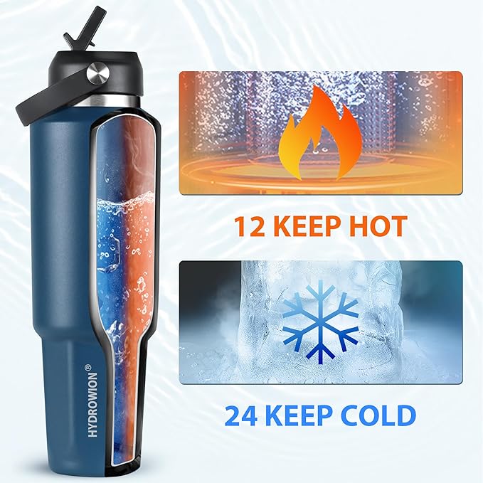 HYDROWION 40 oz Insulated Water Bottle, Car Water Bottle Holder - Double Wall Vacuum Insulated Travel Bottle with Straw Lid, Spout Lid and Flex Cap - Cold for 24H, Hot for 12H, Cobalt