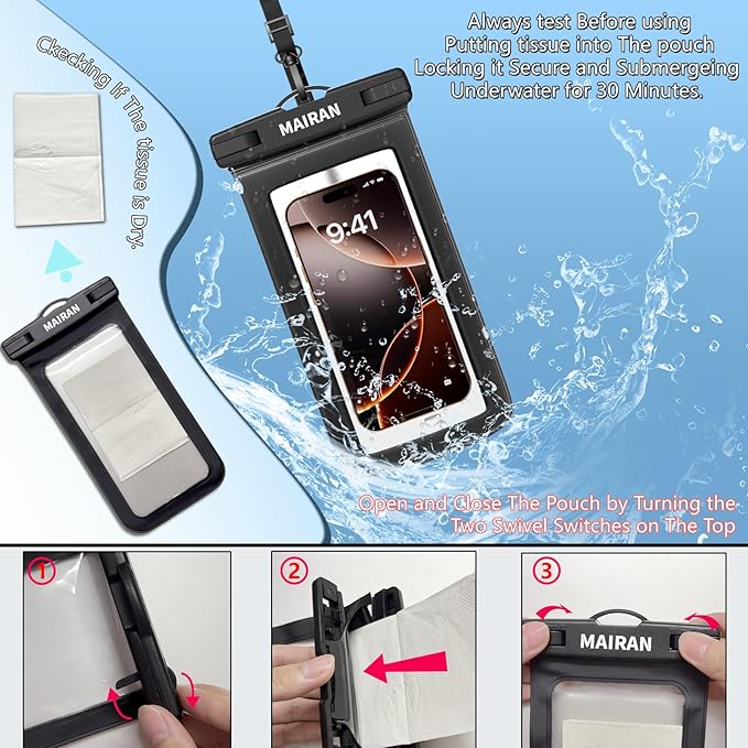 IPX8 Waterproof Phone Pouch Case 2Pack, Water Proof CellPhone Dry Bag for iPhone 16 15 14 13 12 11 Pro Max Plus XS, Galaxy S24 S23 4-7" Protector & Travel Essentials for Beach, Pool, Cruise-Black