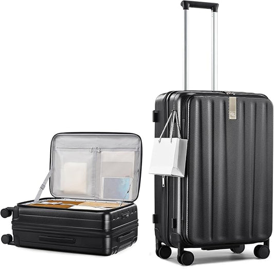Hanke 24 Inch Expandable Luggage Top Opening Checked Bag Luggage Hard Shell Suitcases with Wheels Lightweight Travel Luggage Medium Suitcase with Lock for Woman Men-Jet Black