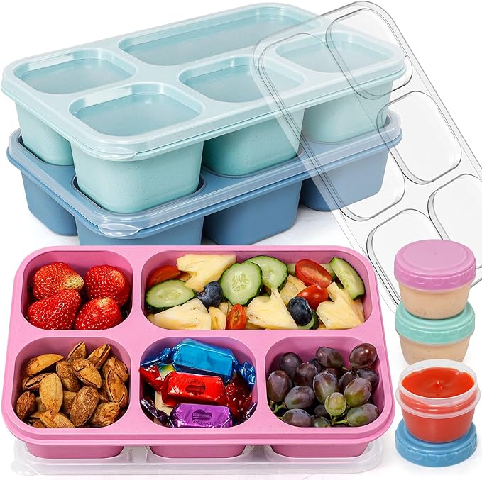 Caperci Bento Box Adult Lunchable Container - Reusable 3-Pack Snack Box Containers with 5-Compartment & 3pc Dressing Cups, BPA-Free Food Storage for Meal Prep, School, Work (Dark & Clear Lids)