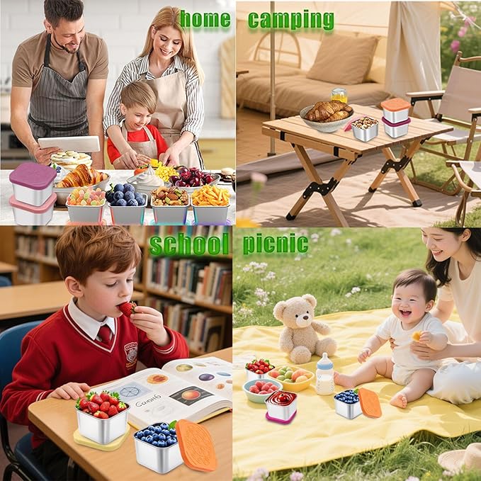 304 Premium Stainless Steel Snack Containers with Silicone Lids, Snackle Box Containers, Easy-Open Leak-Proof Kids for Taking Out for a Picnic, Lunch Box and Travel. (Purple Pink Green-3, 6 OZ)