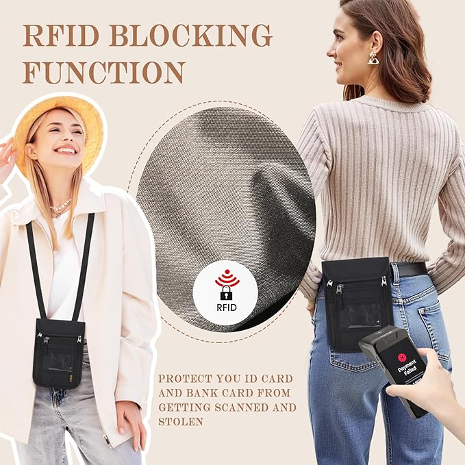 Passport Holder for Travel, Neck Pouch Travel Wallet With RFID Blocking, Waterproof Lightweight Passport Wallet for Women and Men (Black)