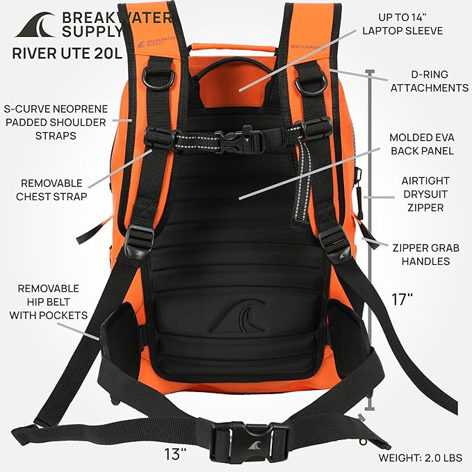 Breakwater Supply™ River Ute Waterproof IP68 Utility Backpack, Floating TPU Submersible Dry Bag with Padded Hip Belt and Airtight Zippers | 20L (River Ute 20L Safety Orange)