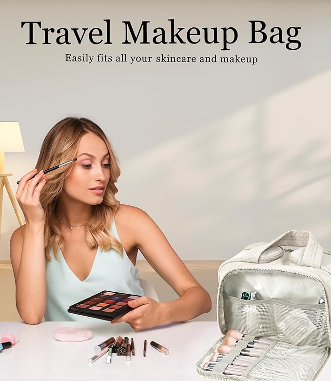 Travel Toiletry Bag for Women, Large Wide-open Puffy Cosmetic Makeup Bag with Wet-Dry Separation, Multi-Pocket Organizer with Carry Handle for Toiletries, Cosmetics, Essentials, Beige