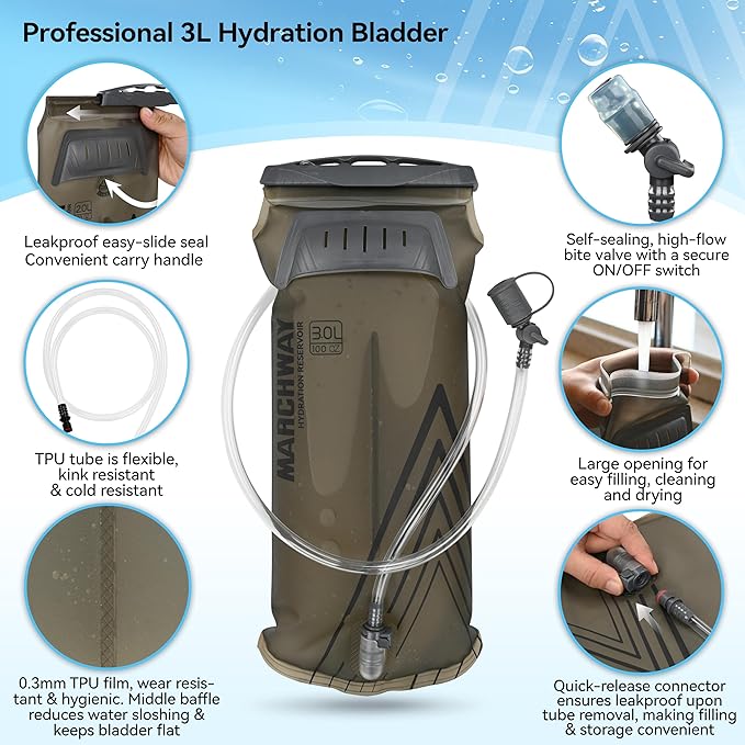MARCHWAY Ultralight Hydration Backpack with 3L TPU Water Bladder, Sleek High-Capacity Day Pack for Cycling, Hiking, Running, Backpacking, Travel