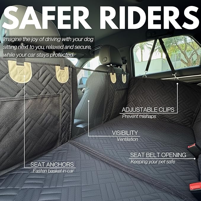 Premium Dog Back Seat Extender | Supports 400 lbs | Waterproof Hard Bottom & Non-Slip Design | Pet Seat Cover with Mesh Window & Storage Pocket | Fits Cars, SUVs & Truck (Black)