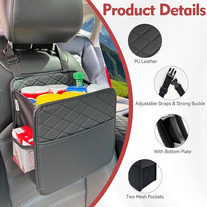 2 Pack Upgraded Car Seat Organizer Backseat with Storage Pockets, Multipurpose Car Organizer Hanging Car Trash Bag Premium PU Leather Garbage Can 2.14 Gallon Large Capacity Accessories Black