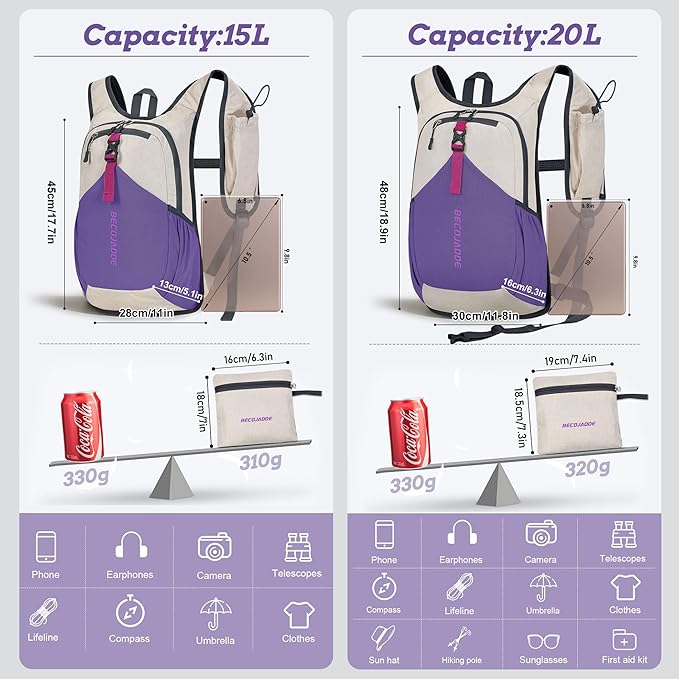BECOJADDE 15L Small Hiking Backpack for Men Women Foldable Packable Back Pack Ultralight Hiking Daypack for Travel Camping Outdoor, Beige Purple