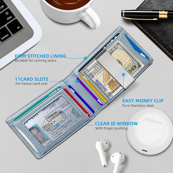 KS Mens Wallet Gift Airtag or Standard Use,Slim Front Pocket Leather Wallet Money Clip 11 cards RFID Blocking