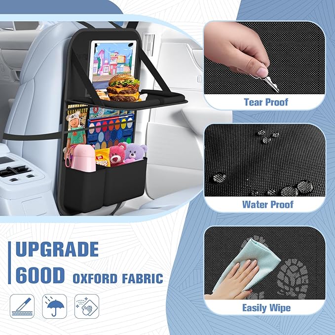 Car Backseat Organizer with table Tray, 9 Storage Pockets Backseat Car Organizer with Tablet Holder, Back seat Organizer for Kids Road Trip Essentials Travel (1Pack)