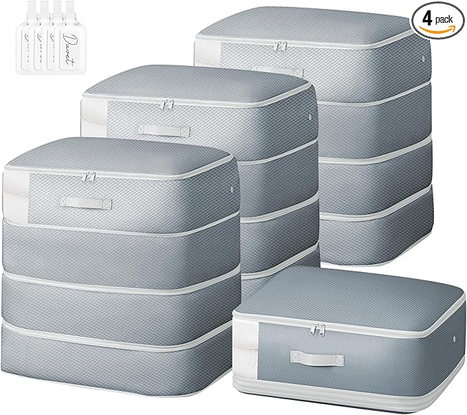 Comforter Storage Bag - 130L Large Capacity Blanket Storage Bags 4-Layer Ultra Space Saving Self Compression Organizer, Washable Compression Bags for Storage Comforter Blanket, 4-Pack, Grey