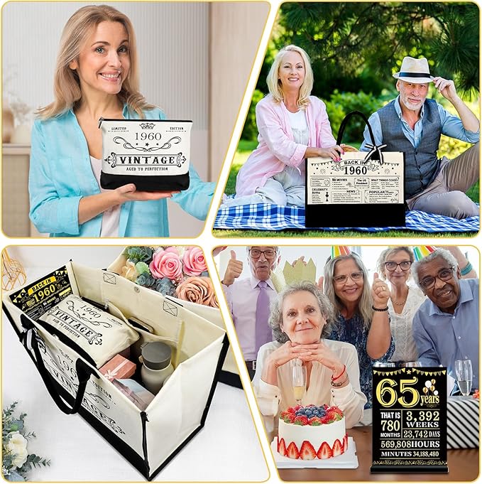 65th Birthday Gifts for Women Canvas Tote Bag Travel Gear, Unique 65 Years Old Birthday Gifts for Mom Wife Aunt Friends Her, Vintage 1960 Handbag & Cosmetic Bag & Back in 1960 Poster