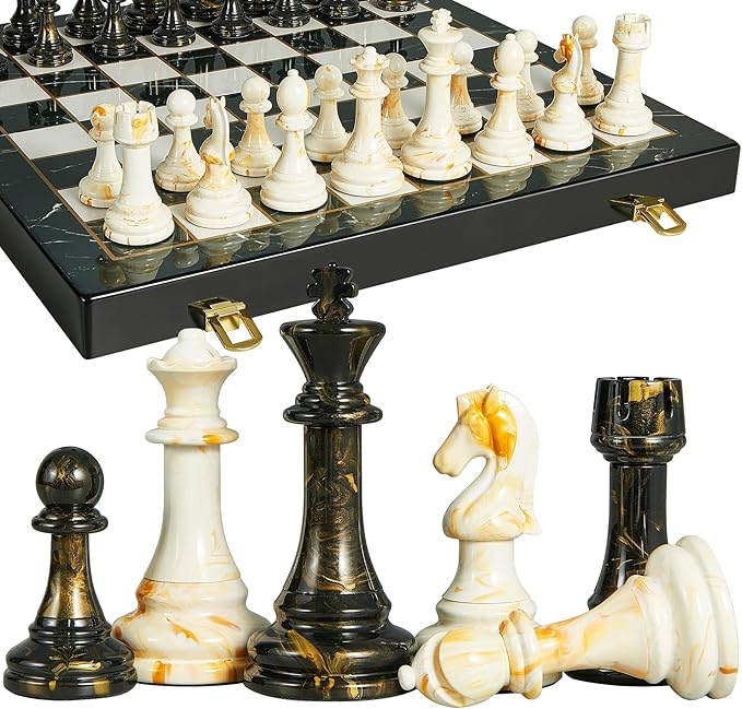 15" Large Chess Set for Adults with Extra 2 Queens, Weighted Acrylic Pieces-3.5" King w/Leather Base, Portable Folding Marbling Wooden Chess Board - Travel/Family Game & Elegant Gift