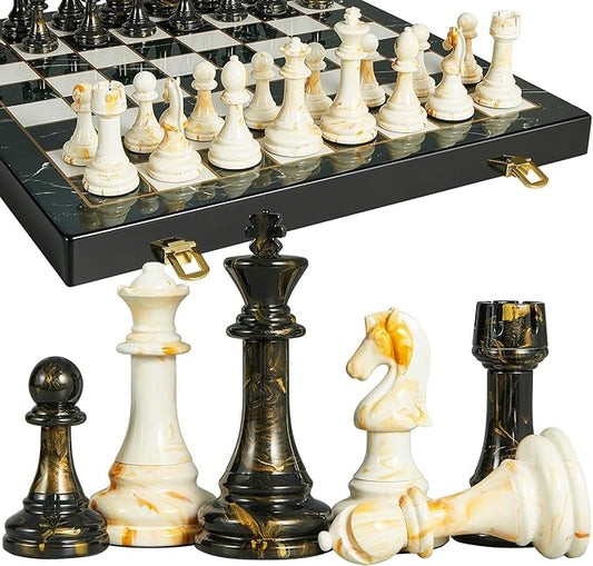 15" Large Chess Set for Adults with Extra 2 Queens, Weighted Acrylic Pieces-3.5" King w/Leather Base, Portable Folding Marbling Wooden Chess Board - Travel/Family Game & Elegant Gift