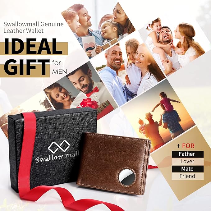 Swallowmall AirTag Wallet Mens RFID Blocking Genuine Leather Bifold Men's Wallet For air tag with 1 ID Window 13 Card Holders CoffeeBrown(Airtag Not included)