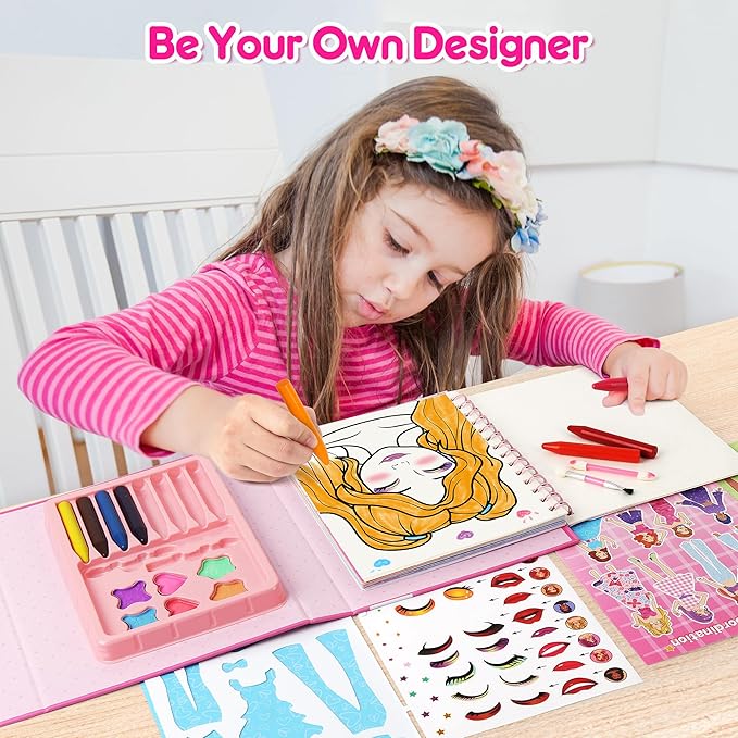 Mocoosy Makeup Craft Kit for Girls Ages 6-8, Pretend Makeup Coloring Activity Book with Stickers, Fashion Designer Kit for Girls Art & Craft, Travel Game Road Trip Toy Gift for Girl 5 6 7 8 Years Old