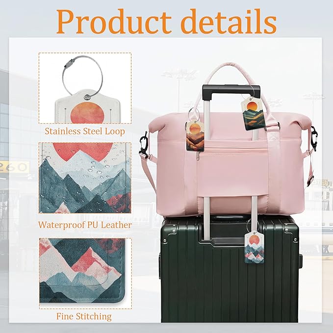 Boho Mountain Sun 3 Pack Luggage Tag for Suitcase, Leather Bag Tags with Privacy Cover ID Label and Durable Steel Loop for Cruise Airport Travel