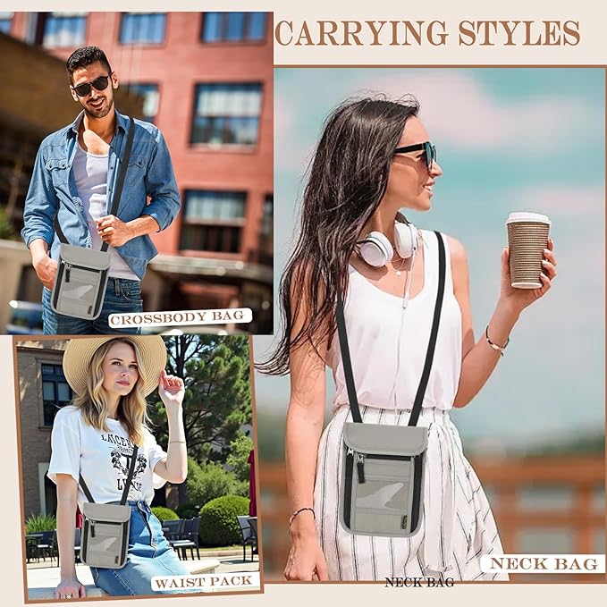 Passport Holder for Travel, Neck Pouch Travel Wallet With RFID Blocking, Waterproof Lightweight Passport Wallet for Women and Men (Gray)