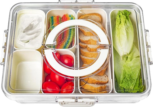 Bandesun Divided Serving Tray with Lid and Handle - Clear Organizer for Candy, Fruits, Nuts, Snacks - Snackle Box Charcuterie Container for Portable Snack Platters - Perfect for Party, Entertaining