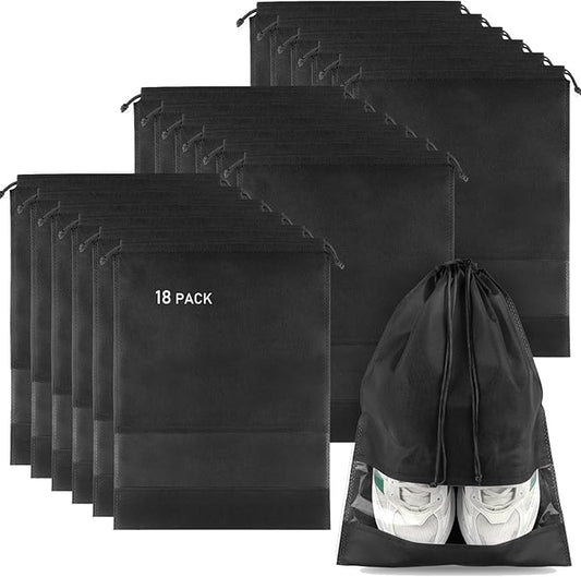 18 Pack Shoe Bags for Travel, Large Travel Shoe Bags for Packing with Clear Window, Dustproof Drawstring Travel Shoe Storage Bags Travel Essentials for Men & Women, Black