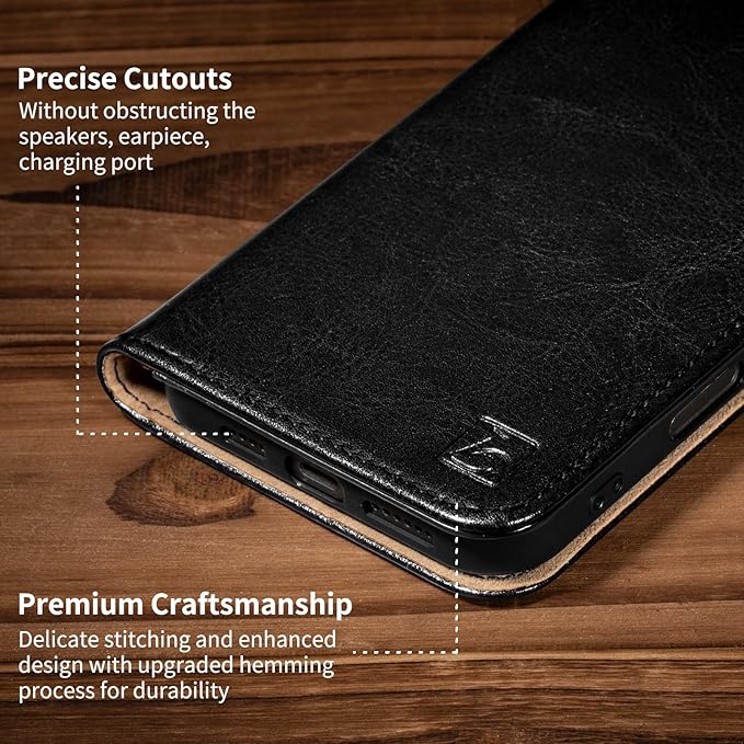 Belemay Leather Wallet Case Compatible with iPhone 17 Pro Max, Premium Cowhide Leather Two-Tone Effect, RFID Blocking Card Holders, Shockproof TPU Shell, Kickstand, Protective Flip Cover, 6.9", Black