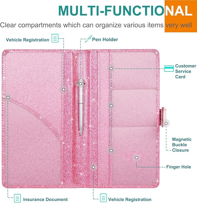 RSAquar Car Registration & Insurance Holder - Leather Glove Box Organizer, Cool Accessories for ID, Driver's License Cards & Docs, Men & Women, Pink Glitter