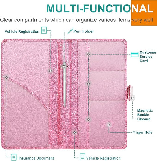 RSAquar Car Registration & Insurance Holder - Leather Glove Box Organizer, Cool Accessories for ID, Driver's License Cards & Docs, Men & Women, Pink Glitter