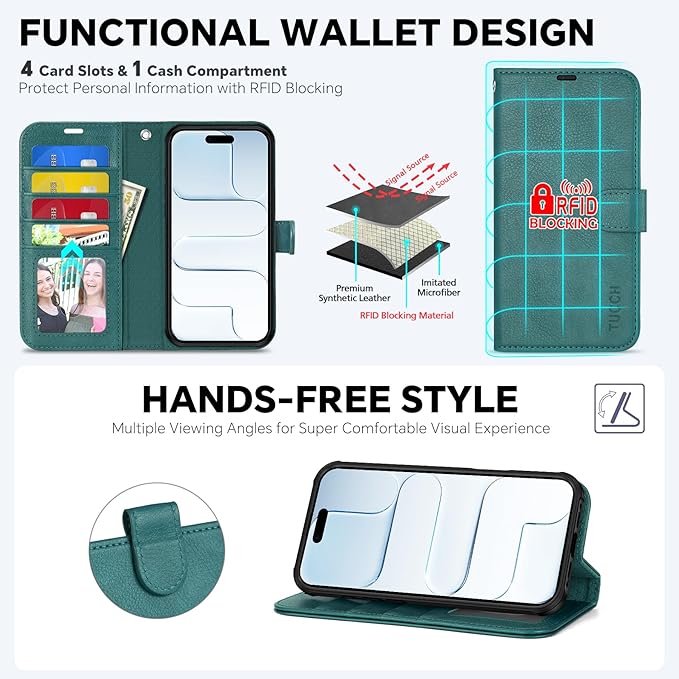 TUCCH Removable Case Wallet for iPhone Air (6.5") 2025, Detachable Wrist Strap, Wireless Charging, Stand, 4 Card Slots RFID Blocking, 2-in-1 Magnetic, PU Leather Shockproof Cover, Teal Blue