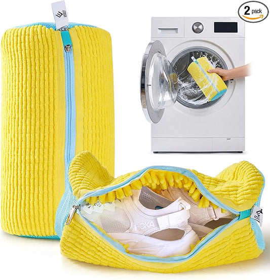 EPSCY Shoe Washing Machine Bag 2 Pack Yellow, 360° Wrap-Around Laundry Bags for Washer and Dryer - Reusable Deep Clean Sneaker Bags - Fits All Shoe Sizes & Types, Self-Locking Zipper, Protects Machine