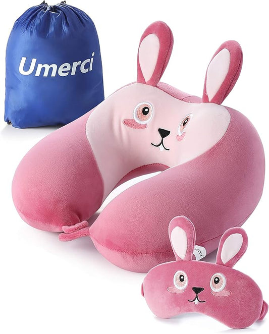 Umerci Travel Pillow, Memory Foam Neck Pillow with 360-Degree Head Support Comfortable Airplane Pillow with Storage Bag Lightweight Traveling Pillow for Sleeping, Car, Train, Bus and Home Use (Bunny)