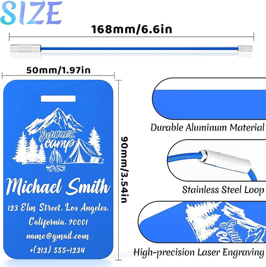 4 PCS Personalized Luggage Tags for Suitcase, Custom Engraved Aluminum Luggage Tags with Your Personalized Text Logo, Metal Name Tags with Steel Loop for Bag, Suitcase, Backpack (Blue, Large)