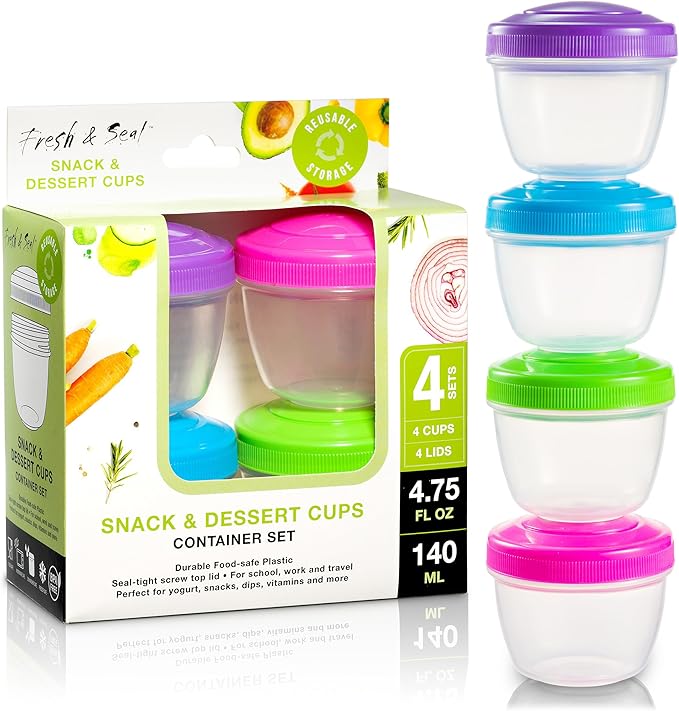 Snack Containers (4 Set) - 4.75 Oz Small Food Storage Cups with Lids - Fruit, Nuts, Sauce, Condiments & Salad Container for Lunch Box - Reusable Dessert Cups, Microwave & Freezer Friendly, BPA-free