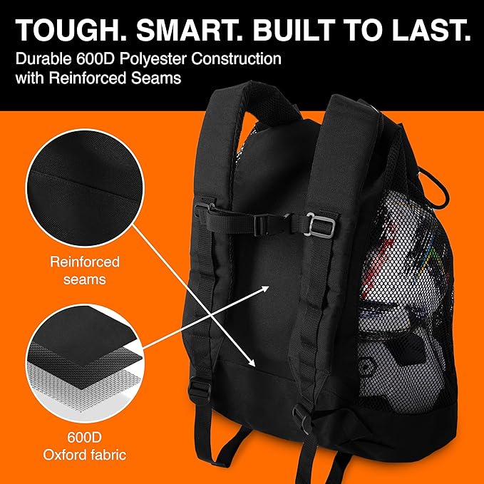 Fitdom Heavy Duty Small Mesh Equipment Ball Bag w/Adjustable Backpack Shoulder Strap Design for Coach. 2 Different Size Compartments. Perfect for Soccer Football Volleyball Basketball & Water Sports