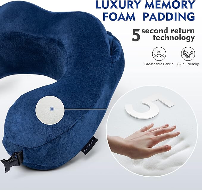 Neck Pillow with Hood - Memory Foam Neck Pillow Head Chin Support, Airplane, Car, Office & Home Sleep Rest Travel Pillows with Hood (Navy Blue, M)