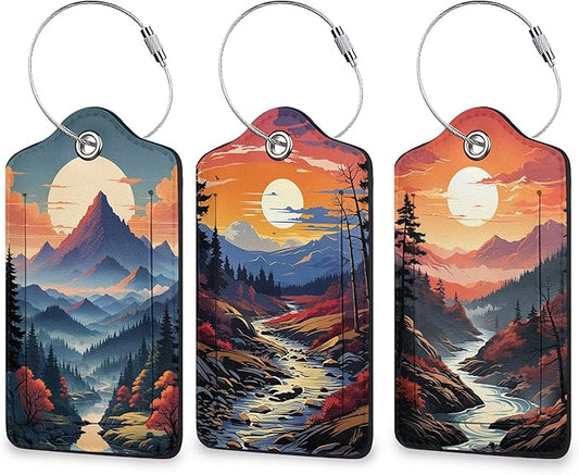 Abstract Landscape Luggage Tags for Suitcase 3 Pack, Leather Bag Tags Identifiers with Privacy Name Address Labels and Durable Steel Loop for Men Women Backpack