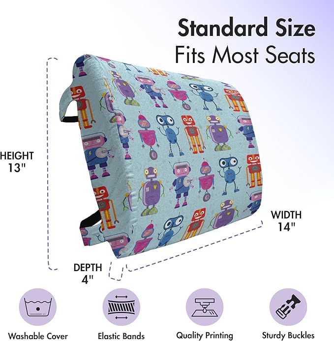 Ambesonne Alien Lumbar Back Support Pillow, Repeating Print of Colorful Robots Mechanical Design of Funny Shapes, High Density Foam for Office Chairs Car Seats, 14" x 13", Pale Blue and Multicolor