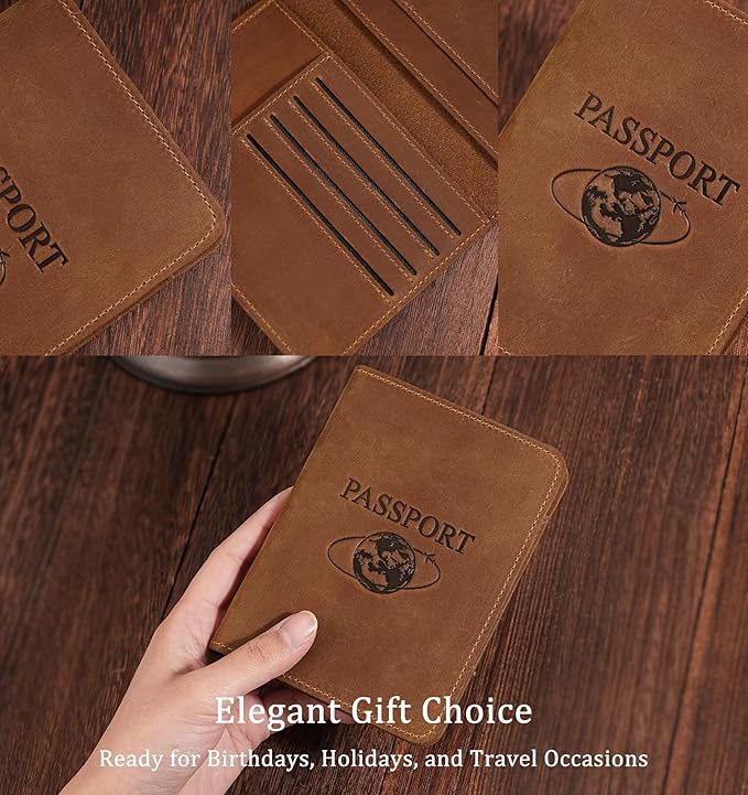 Slim Leather Passport Holder for Men & Women – Vintage Travel Passport Wallet – Lightweight Full-Grain Leather Passport Case with Gift Box, Brown (5.5″ × 4.1″)